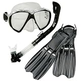 Snorkeling Scuba Dive Snorkel Purge Edgless Mask Fins Gear Set, Trans. Blue, ...
