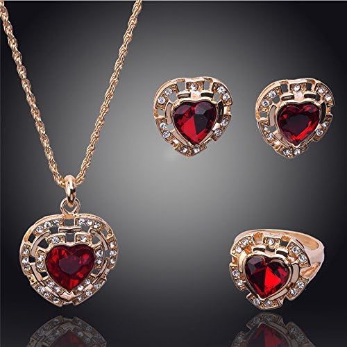 Best Newly Women 14k Yellow Gold Filled Ruby Austrian Crystal Necklace Earrings Ring Jewelry Sets Wholeslae