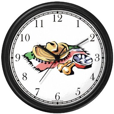 Icons of Mexico: Sombrero, Poncho, Maracas, Tambourine - Mexico or Mexican Theme Wall Clock by WatchBuddy Timepieces (Hunter Green Frame)
