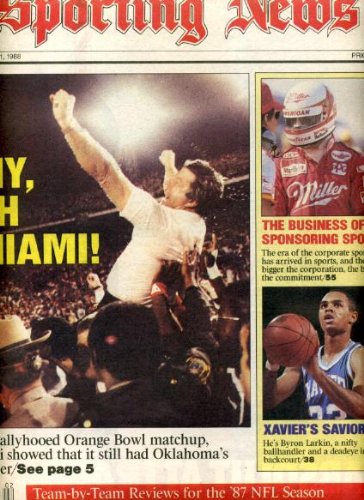 Sporting News January 11 1988 Miami Beats Oklahoma in Orange Bowl Cover, Byron Larkin/Xavier, Walter Payton/Chicago Bears Retires, Michigan State Wins Rose Bowl, Florida State Wins Fiesta Bowl, Texas A&M Wins Cotton Bowl