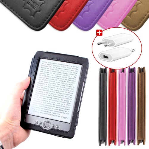 DURAGADGET Housse Etui Noir en Cuir Véritable pour Kindle 4 : liseuse sans fil, Wi-Fi intégré, écran 6 pouces (15cm), affichage encre électronique E-Ink (dernière / nouvelle génération, septembre 2011) - format livre + Chargeur Secteur Bonus