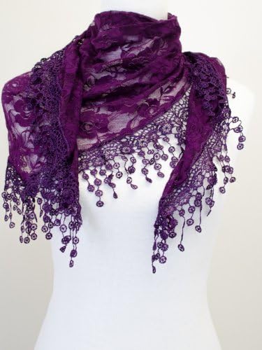 VegasHorizon Lightweight Women's Translucent Triangle Lace Scarf with Floral Pattern - Dark Purple