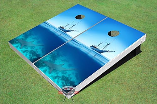 All American Tailgate Ship with a Shark Theme Corn Hole Boards Cornhole Game Set