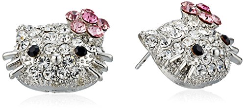 Large 3/4" Silver Tone Kitty Stud Earrings with Dazzling Swarovski Crystals and Pink Flower Bow