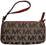 IMAGE OF Women's Michael Kors Wristlet Jet Set Signature Logo Jacquard Beige/Ebony/Red