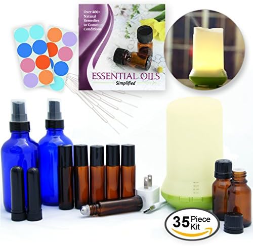 DIY Essential Oils Kit w/ Diffuser, 35-Piece Variety Set w/ Empty Bottles, Guide &amp; Ultrasonic Mist Diffuser - great gift or starter set for blending, works w/ all essential oil lines for Aromatherapy
