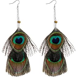 Gold Tone Chain Drop Peacock Feather Earrings