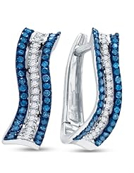 10K White Gold Round Brilliant Cut Blue and White Diamond - Prong Set Round Circle Hoop Earrings - (1/4 cttw.)