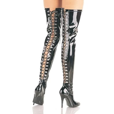 5 Inch Sexy Thigh High Boots Open Back D-ring Stretch Thigh Boot High Heel Boots Single Sole Black Stretch Patent
