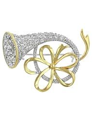 Kate Bissett CZ White Gold and 14k Gold Bonded Holiday Horn Brooch with Round Cut Clear Cubic Zirconia Accents in a Goldtone