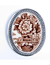 Broken China Jewelry - Brown Tonquin Franciscan - Sterling Silver Pin Brooch