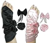 Elastic Wrist Fingerless Mitt Shortie Gloves, Shiny Satin with Snap-On Accessories in Light Pink