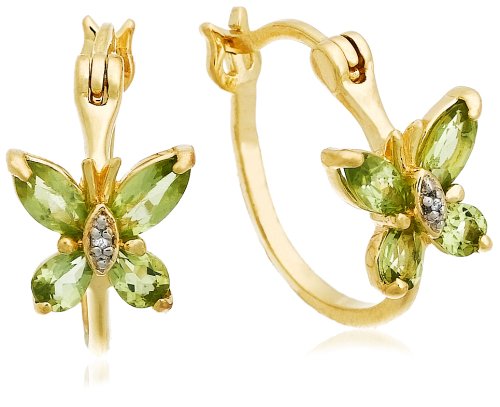 18k Yellow Gold Plated Sterling Silver Peridot and Diamond-Accent Butterfly Hoop Earrings