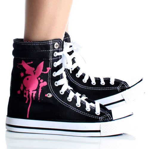 Playboy Bunny Womens High Top Sneakers Skate Shoes Black Lace up Boots product image