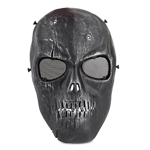 Flexzion Airsoft Paintball Mask Full Face Skull Rusty Skeleton Metal Mesh Eye BB Field Protection Safety Guard Cosplay Black Silver for Outdoor Activity Hunting CS Wargame Cosplay
