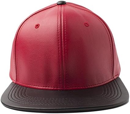 Leather 6 Panel Flat Bill Blank Snapbacks Hat Cap (Red/Black)