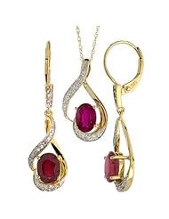 14k Gold Dangle Earrings (19mm tall) & 18 in. Pendant-Necklace Set, w/ 0.20 Carat Brilliant Cut Diamonds & 3.64 Carats Oval Cut (7x5mm) Enhanced Ruby Stones