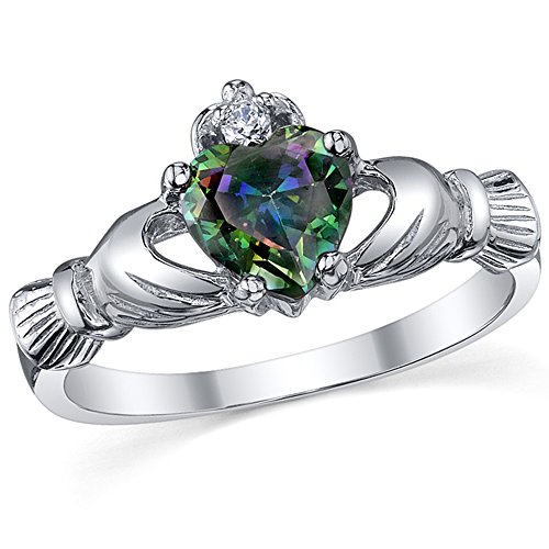 Sterling Silver 925 Irish Claddagh Friendship & Love Mystic Rainbow Simulated Topaz Color Heart Cubic Zirconia Ring