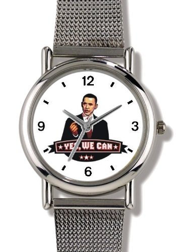 Barack Obama Picture - Yes We Can - President Barack Obama Commemorative - WATCHBUDDY® ELITE Chrome-Plated Metal Alloy Watch with Metal Mesh Strap-Size-Small ( Standard Women's Size )