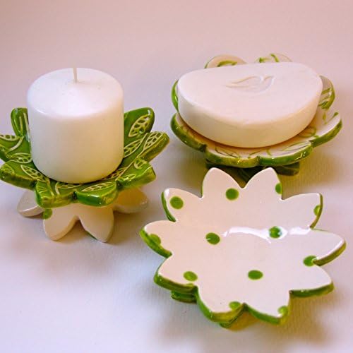 Lime green pottery Polka-Dots & Leaves - ceramic pottery set of 3