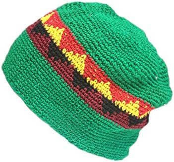 Inspirit Arts Large Long Size Skull Cap Beanie Bright Green Rainbow Design with Earthtone Band Handmade Cotton
