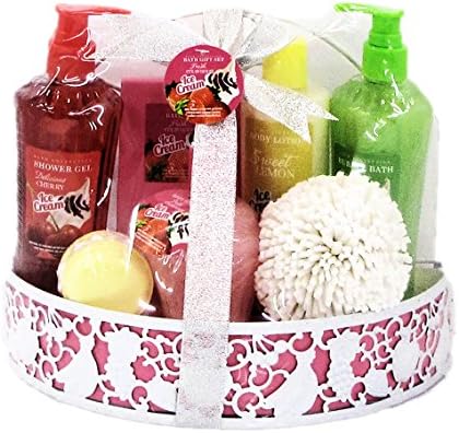 Fruit Ice Cream Scented Bath Gift Set in a Metal Basket - Cherry, Lemon, Kiwi, Strawberry