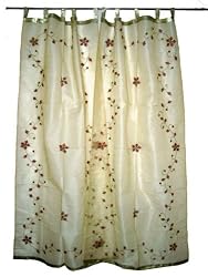 Curtain-2 Organza Platinum Base with Red Bell Embroidered Sari Curtains Drapes Panel 92" Tabs