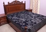 Midnight-Blue Reversible Jamawar Bedspread with Woven Tree of Life - Pure W ....