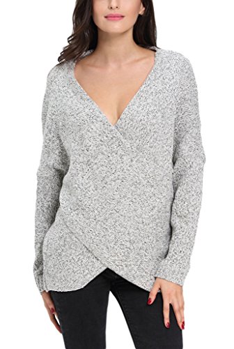 Dokotoo Womens Long Sleeve Chunky Cross Wrap V Neck Loose Tunic Pullover Sweater