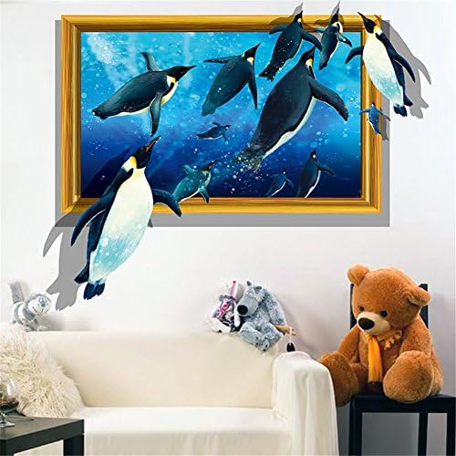 3D Vivid Original Solid Cute Swimming Penguins Through Window Lively Individual Wall Sticker For Room / House / Office / Nursery Decal 3D Penguin