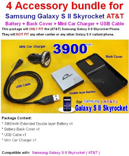 4 Accessory AceSoft High Capacity 3900mAh Extended Life Battery+Hard Back Cover DOOR+Mini USB Car Charger+Micro USB DATA Sync Cable for Samsung Galaxy S II Skyrocket SGH-i727?AT&T) Smart Phone