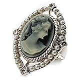 Vintage Filigree Pearl Cameo Ring (Silver Tone)