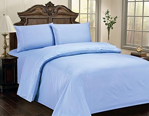 King Size Light Blue 400 Thread Count 100% Cotton Sateen Checkered Sheet Set