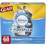 Glad ForceFlex OdorShield Tall Kitchen Drawstring Trash Bags, Fresh Clean, 13 Gallon, 68 Count