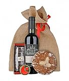 Gourmondo Weihnachtssäckchen mit Rotwein, Lebkuchen, einer Praline und Nüssen im Jutesäckchen