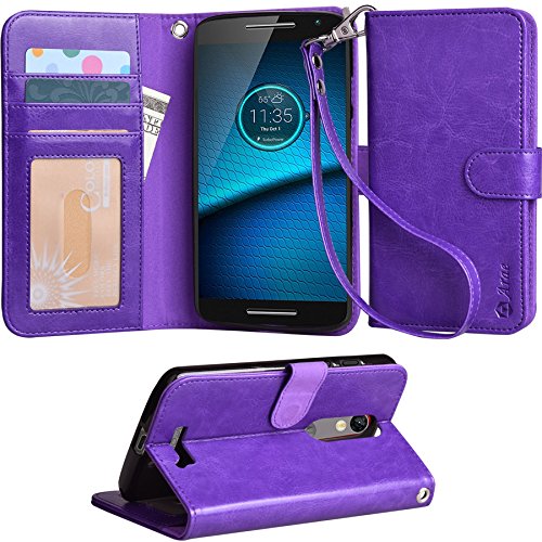 Droid Turbo 2 Case, Arae Motorola Moto Droid Turbo 2 wallet case,[Wrist Strap] Flip Folio [Kickstand Feature] PU leather wallet case with ID&Credit Card Pockets For Moto Turbo 2 (Purple)