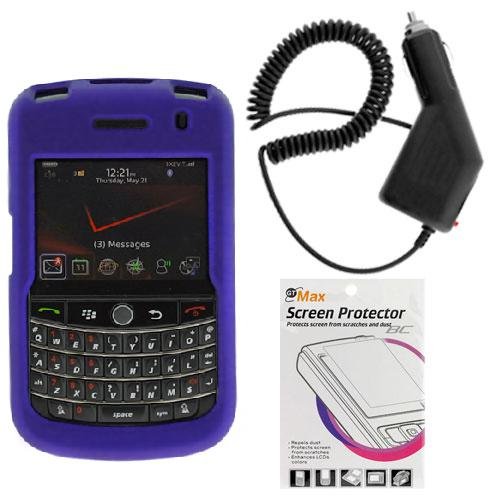 Solid Dark Blue Rubberized Snap On Crystal Hard Case + Rapid Car Charger + Durable Clear LCD Screen Protector for Verizon Sprint RIM Blackberry 9630 Tour Smartphone