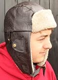 New Mens Ladies Unisex Adult Fleece Trimmed Faux Leather Biggles Fully LIned Warm Winter Flying Hat – Trapper Fashion Hat With Chinstrap Brown 58cm