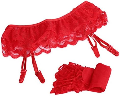 Stockings KIOP Women Lace Thigh-Highs Stockings &amp; Suspender Garter Belt (Red)