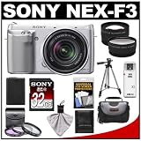 Sony Alpha NEX-F3 Digital Camera Body & E 18-55mm OSS Lens (Silver) with 32GB Card + Case + Battery + Tripod + 3 Filters + Telephoto & Wide-Angle Lenses + Accessory Kit