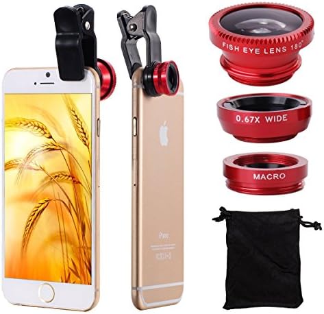 Eriotpy Universal Camera Lens Kit with 180° Fish-Eye Lens, Wide Angle Lens, Micro Lens for Smartphones and Tablets With Flat Camera (Red)