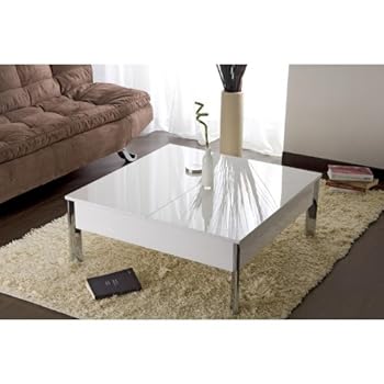 Table basse laquée blanche à demi-plateau réhaussable 90 cm JENNY