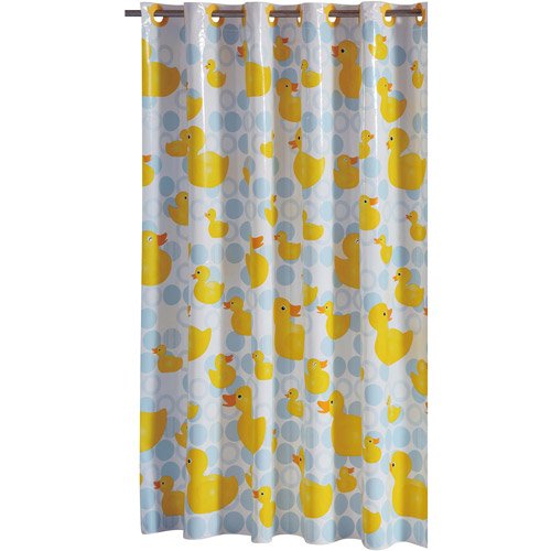 Rubber Ducky Hook On PEVA Shower Curtain Hookless Blue Yellow White