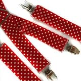 WIDE RED & WHITE POLKA DOT STRETCHY CLIP ON SUSPENDERS