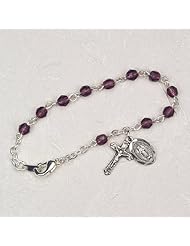 Sterling Silver 5 1/2" L Puprle Dark Amethyst Baby Bracelet,, Infant Jewlery, Girls Rosary Bracelet, February Birthstone, Crucifix Cross & Miraculous (St. Mary) Charms
