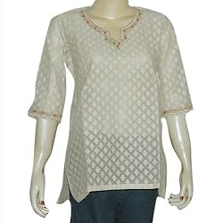 Womens Silk Long Sleeve Top Off-white Shirt Blouse Embroidery Size S