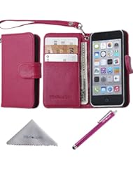 Wireless: Wisdompro PU Leather Flip Folio Wallet Case with Card Holder and Wrist Lanyard for Apple iPhone 5c - Hot Pink - Wisdompro