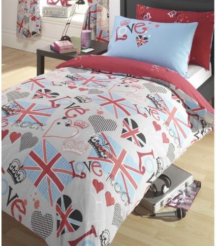 PUNK ROCKER LOVE UNION JACK REVERSIBLE SINGLE BED DUVET COVER QUILT BEDDING SET
