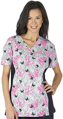 Cross Over V-Neck Scrub Top with Knit Side Panels, Camo Butterfly CAMO BUTTERFLY EXTRA LARGE