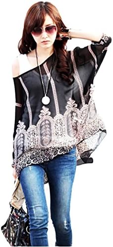 IYZF Boho Basic Tee Women's Printed Batwing Leisure T-shirt Baggy Top Blouse Color Black Size XL